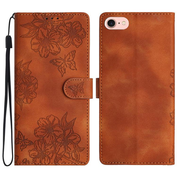 For iPhone 16e Cherry Blossom Butterfly Skin Feel Embossed PU Phone Case(Brown)