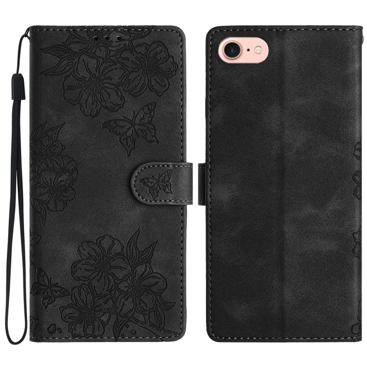 For iPhone 16e Cherry Blossom Butterfly Skin Feel Embossed PU Phone Case(Black)