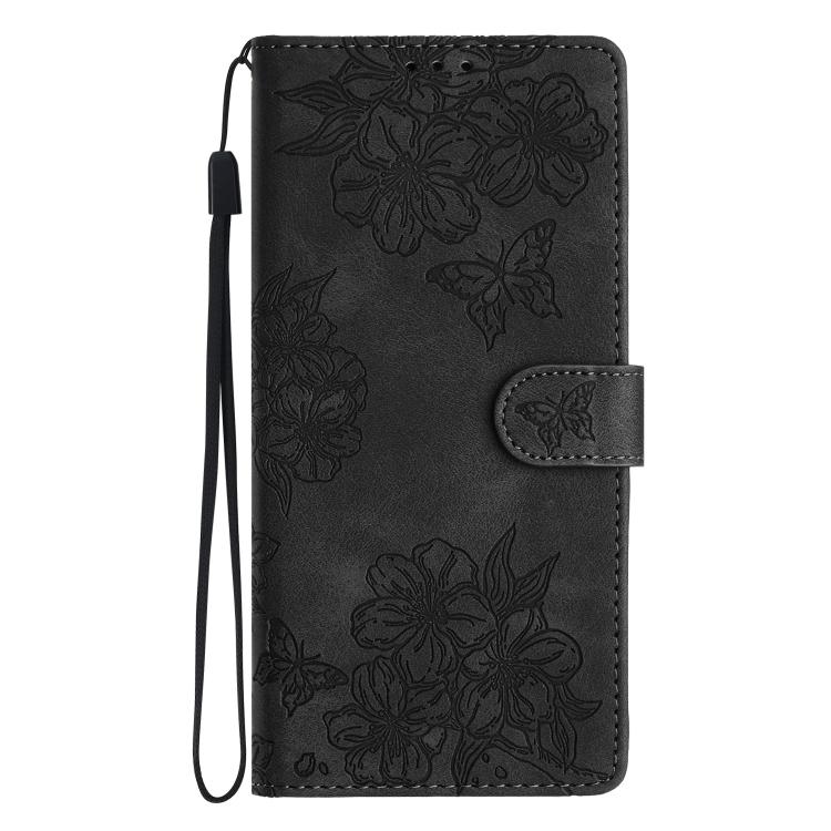 For iPhone 16e Cherry Blossom Butterfly Skin Feel Embossed PU Phone Case(Black)