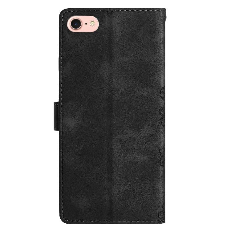 For iPhone 16e Cherry Blossom Butterfly Skin Feel Embossed PU Phone Case(Black)