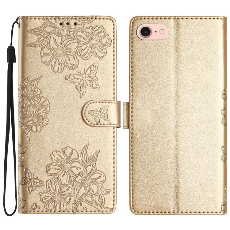 For iPhone 16e Cherry Blossom Butterfly Skin Feel Embossed PU Phone Case(Gold)