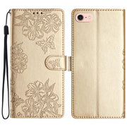 For iPhone 16e Cherry Blossom Butterfly Skin Feel Embossed PU Phone Case(Gold)