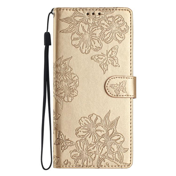 For iPhone 16e Cherry Blossom Butterfly Skin Feel Embossed PU Phone Case(Gold)
