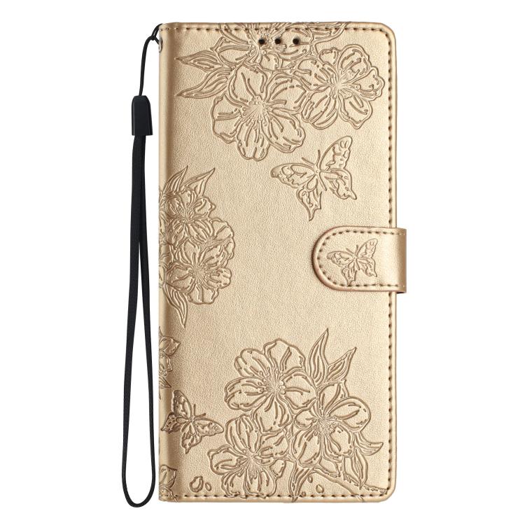 For iPhone 16e Cherry Blossom Butterfly Skin Feel Embossed PU Phone Case(Gold)