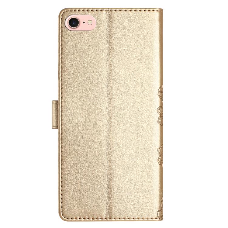 For iPhone 16e Cherry Blossom Butterfly Skin Feel Embossed PU Phone Case(Gold)