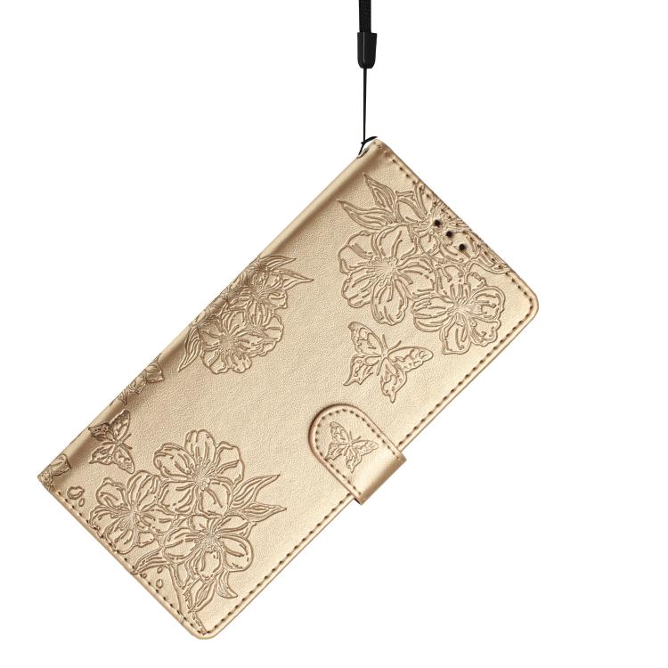 For iPhone 16e Cherry Blossom Butterfly Skin Feel Embossed PU Phone Case(Gold)