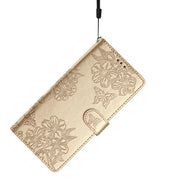For iPhone 16e Cherry Blossom Butterfly Skin Feel Embossed PU Phone Case(Gold)