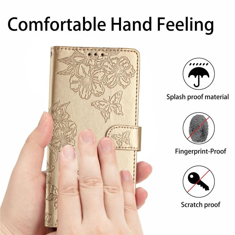 For iPhone 16e Cherry Blossom Butterfly Skin Feel Embossed PU Phone Case(Gold)