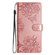 For iPhone 16e Cherry Blossom Butterfly Skin Feel Embossed PU Phone Case(Rose Gold)