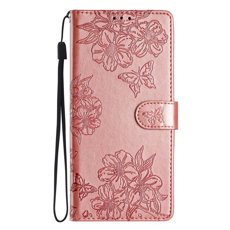 For iPhone 16e Cherry Blossom Butterfly Skin Feel Embossed PU Phone Case(Rose Gold)