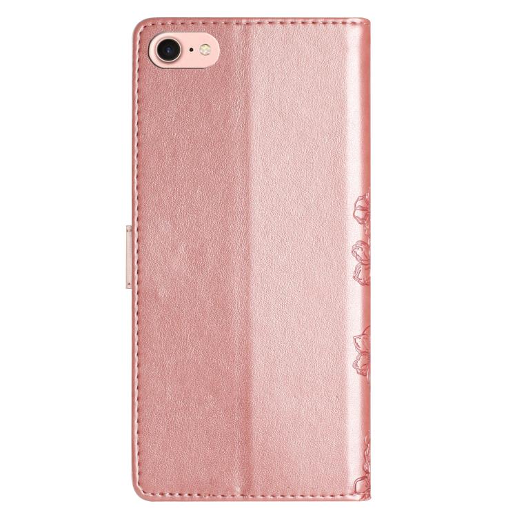 For iPhone 16e Cherry Blossom Butterfly Skin Feel Embossed PU Phone Case(Rose Gold)