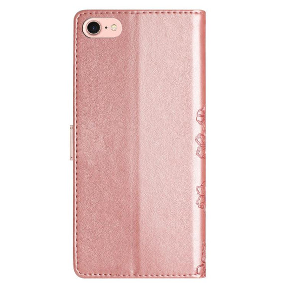 For iPhone 16e Cherry Blossom Butterfly Skin Feel Embossed PU Phone Case(Rose Gold)