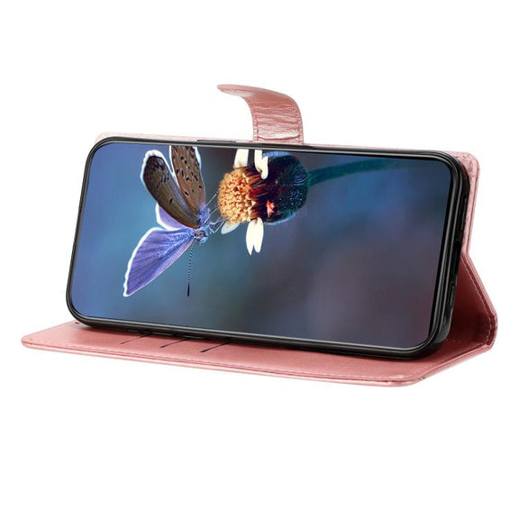 For iPhone 16e Cherry Blossom Butterfly Skin Feel Embossed PU Phone Case(Rose Gold)