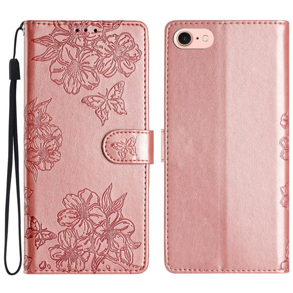 For iPhone 16e Cherry Blossom Butterfly Skin Feel Embossed PU Phone Case(Rose Gold)