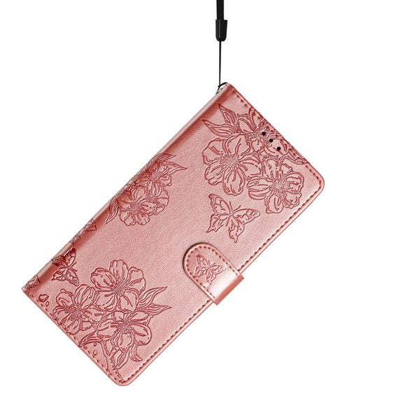 For iPhone 16e Cherry Blossom Butterfly Skin Feel Embossed PU Phone Case(Rose Gold)