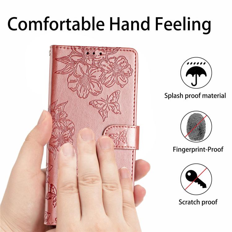 For iPhone 16e Cherry Blossom Butterfly Skin Feel Embossed PU Phone Case(Rose Gold)