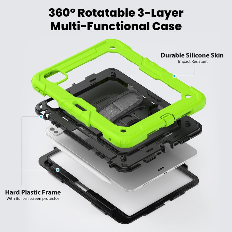 For iPad Pro 11 2024 Silicone Hybrid PC Tablet Case with Shoulder Strap(Black + Yellow Green)