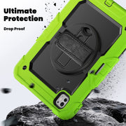 For iPad Pro 11 2024 Silicone Hybrid PC Tablet Case with Shoulder Strap(Black + Yellow Green)