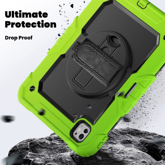 For iPad Pro 11 2024 Silicone Hybrid PC Tablet Case with Shoulder Strap(Black + Yellow Green)