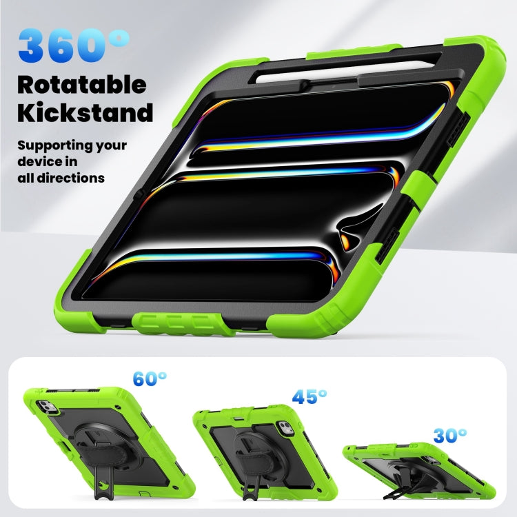 For iPad Pro 11 2024 Silicone Hybrid PC Tablet Case with Shoulder Strap(Black + Yellow Green)