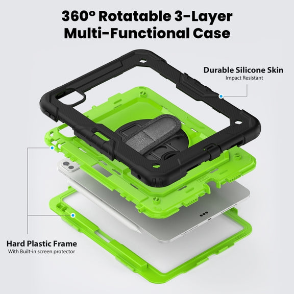 For iPad Pro 11 2024 Silicone Hybrid PC Tablet Case with Shoulder Strap(Yellow Green + Black)