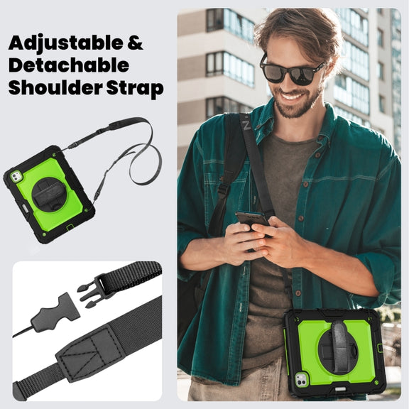For iPad Pro 11 2024 Silicone Hybrid PC Tablet Case with Shoulder Strap(Yellow Green + Black)