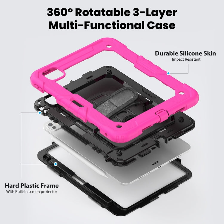 For iPad Pro 11 2024 Silicone Hybrid PC Tablet Case with Shoulder Strap(Black + Rose Red)