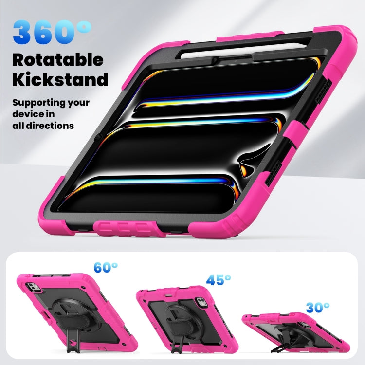 For iPad Pro 11 2024 Silicone Hybrid PC Tablet Case with Shoulder Strap(Black + Rose Red)