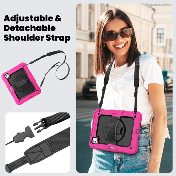 For iPad Pro 11 2024 Silicone Hybrid PC Tablet Case with Shoulder Strap(Black + Rose Red)