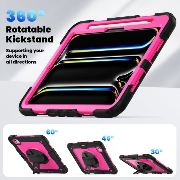 For iPad Pro 11 2024 Silicone Hybrid PC Tablet Case with Shoulder Strap(Rose Red + Black)