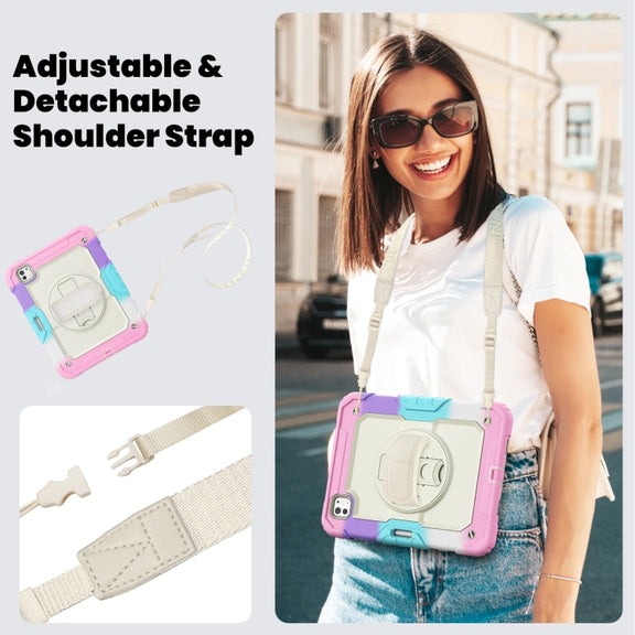 For iPad Pro 11 2024 Silicone Hybrid PC Tablet Case with Shoulder Strap(Camouflage Pink)