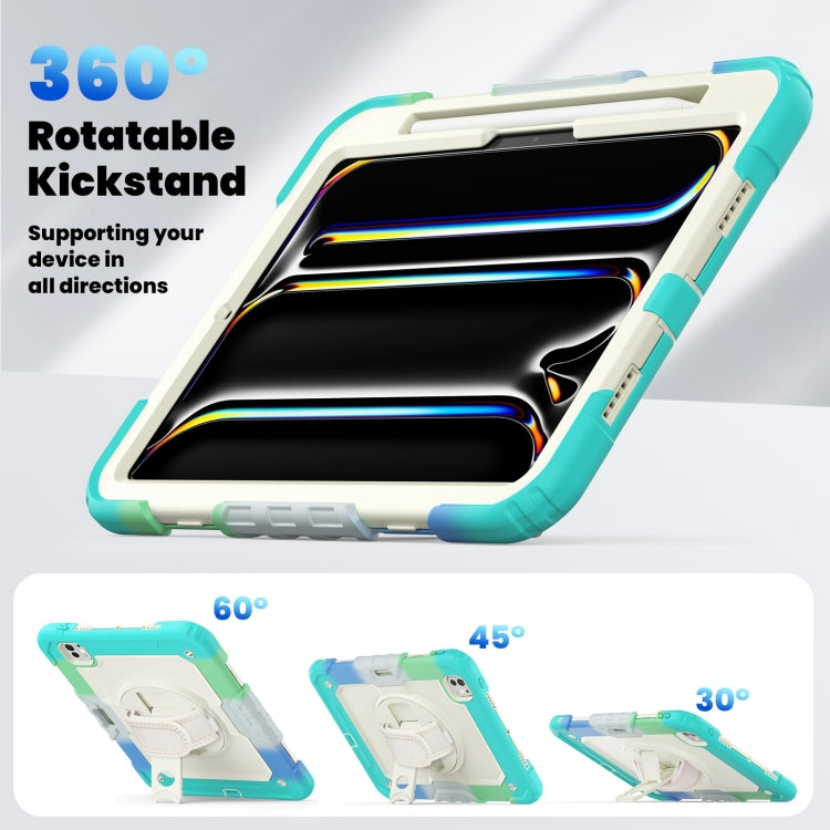 For iPad Pro 11 2024 Silicone Hybrid PC Tablet Case with Shoulder Strap(Camouflage Light Blue)