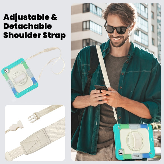For iPad Pro 11 2024 Silicone Hybrid PC Tablet Case with Shoulder Strap(Camouflage Light Blue)