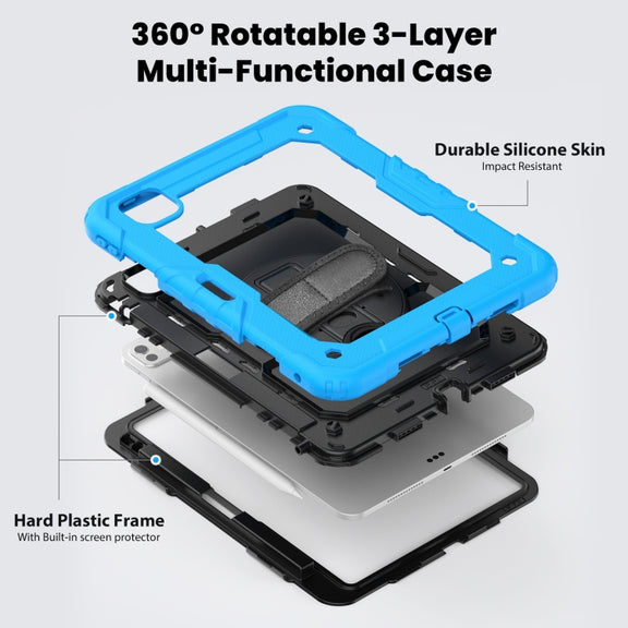 For iPad Pro 11 2024 Silicone Hybrid PC Tablet Case with Shoulder Strap(Black + Light Blue)