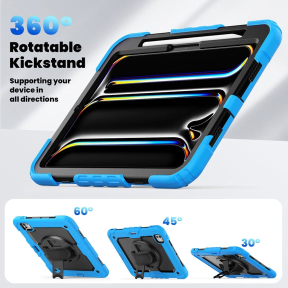 For iPad Pro 11 2024 Silicone Hybrid PC Tablet Case with Shoulder Strap(Black + Light Blue)