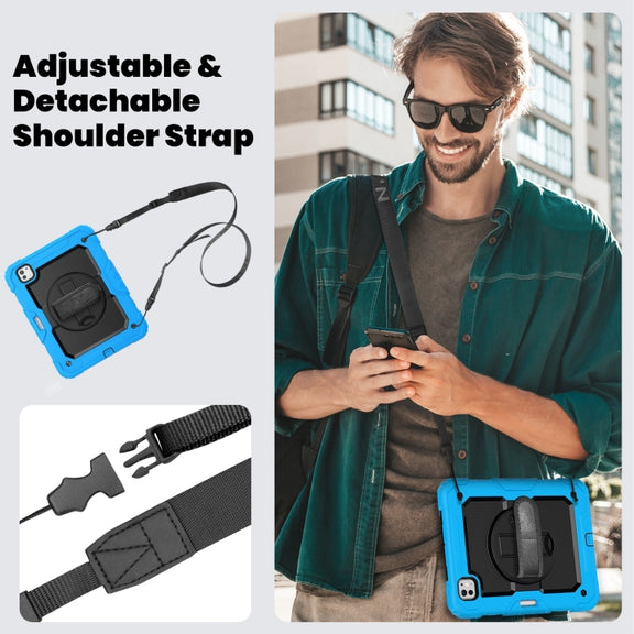 For iPad Pro 11 2024 Silicone Hybrid PC Tablet Case with Shoulder Strap(Black + Light Blue)