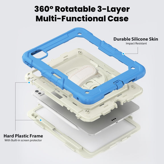 For iPad Pro 11 2024 Silicone Hybrid PC Tablet Case with Shoulder Strap(Beige + Cyan-blue)