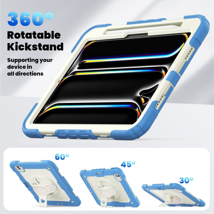 For iPad Pro 11 2024 Silicone Hybrid PC Tablet Case with Shoulder Strap(Beige + Cyan-blue)