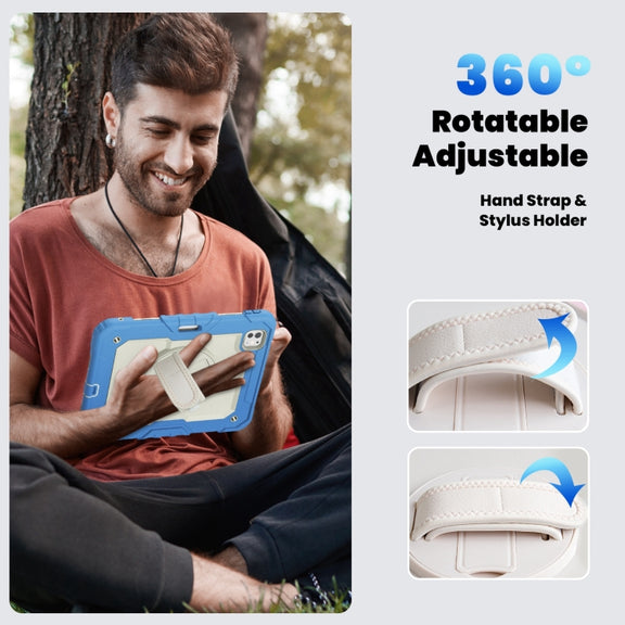 For iPad Pro 11 2024 Silicone Hybrid PC Tablet Case with Shoulder Strap(Beige + Cyan-blue)