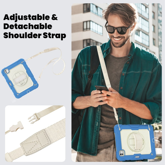 For iPad Pro 11 2024 Silicone Hybrid PC Tablet Case with Shoulder Strap(Beige + Cyan-blue)