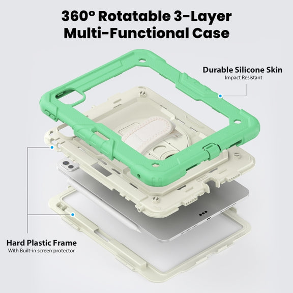 For iPad Pro 11 2024 Silicone Hybrid PC Tablet Case with Shoulder Strap(Beige + Light Green)