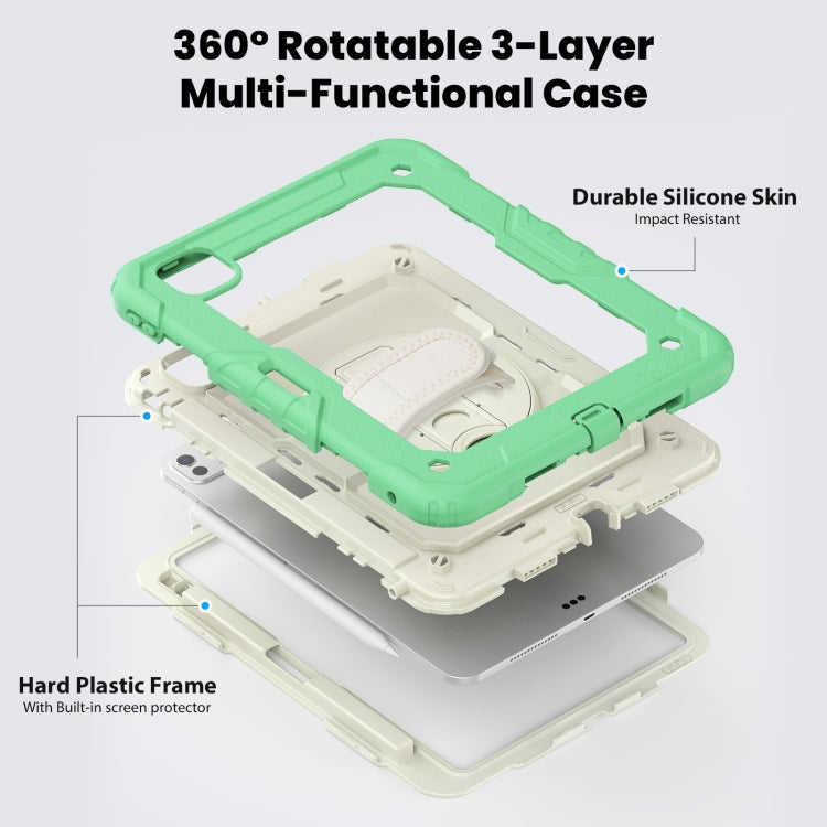 For iPad Pro 11 2024 Silicone Hybrid PC Tablet Case with Shoulder Strap(Beige + Light Green)