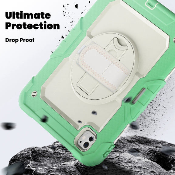 For iPad Pro 11 2024 Silicone Hybrid PC Tablet Case with Shoulder Strap(Beige + Light Green)