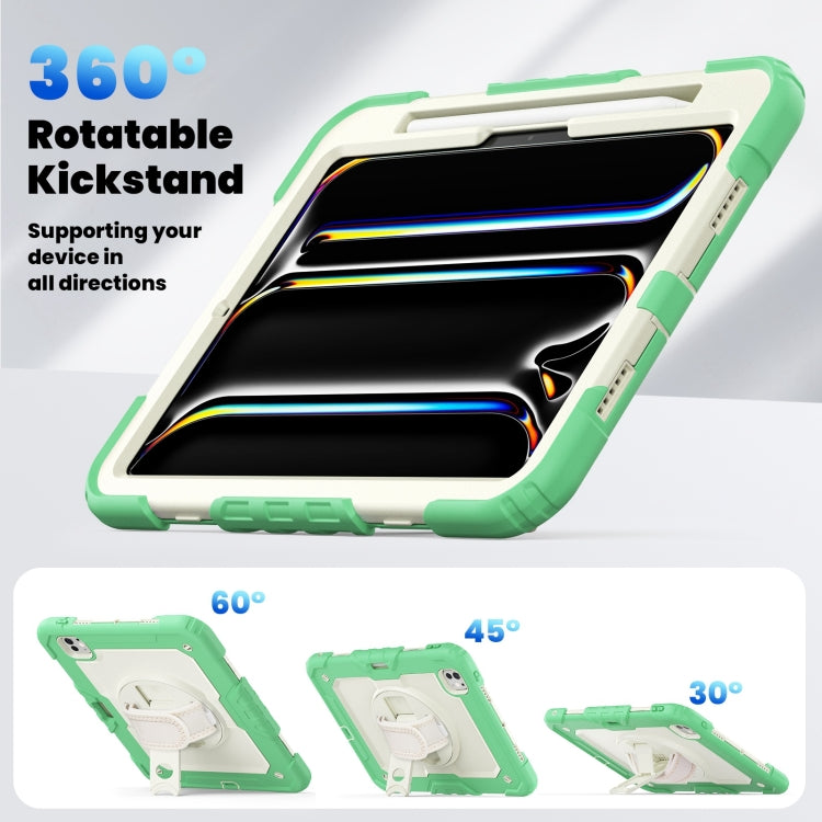 For iPad Pro 11 2024 Silicone Hybrid PC Tablet Case with Shoulder Strap(Beige + Light Green)