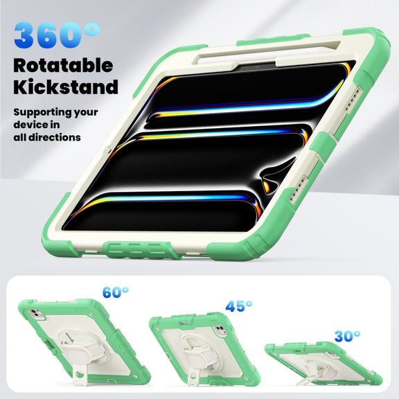 For iPad Pro 11 2024 Silicone Hybrid PC Tablet Case with Shoulder Strap(Beige + Light Green)