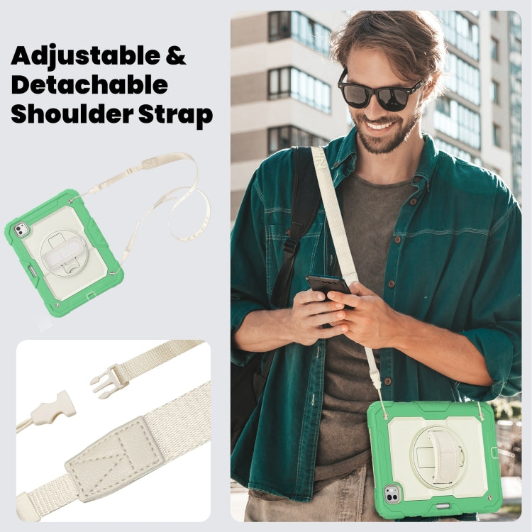 For iPad Pro 11 2024 Silicone Hybrid PC Tablet Case with Shoulder Strap(Beige + Light Green)