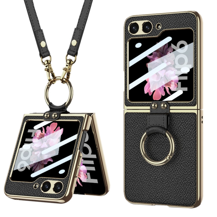 For Samsung Galaxy Z Flip6 GKK Integrated Electroplating Leather Phone Case with Ring/Strap(Black)