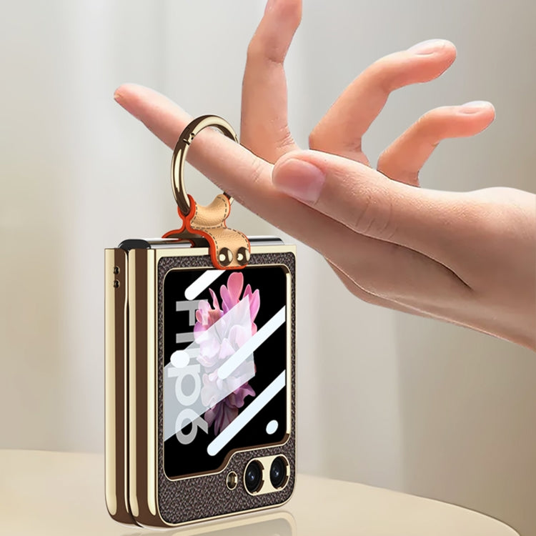For Samsung Galaxy Z Flip6 GKK Integrated Electroplating Leather Phone Case with Ring/Strap(Black)