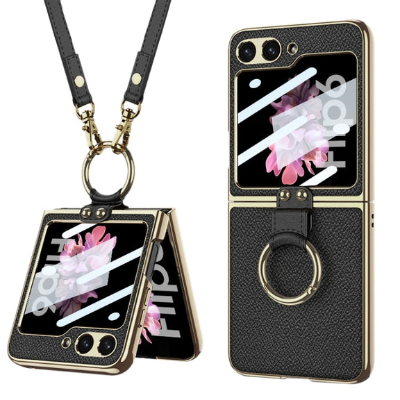 For Samsung Galaxy Z Flip6 GKK Integrated Electroplating Leather Phone Case with Ring/Strap(Black)