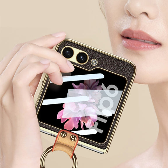 For Samsung Galaxy Z Flip6 GKK Integrated Electroplating Leather Phone Case with Ring/Strap(Black)